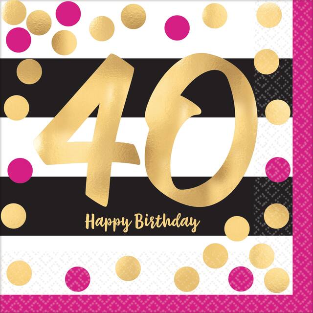 Milestone 40th Birthday Party Lunch Napkins, Metallic Pink/Gold, 16-pk Overhead_Flat