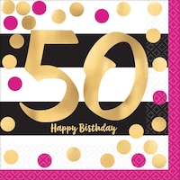 Milestone 50th Birthday Party Lunch Napkins, Metallic Pink/Gold, 16-pk Overhead_Flat