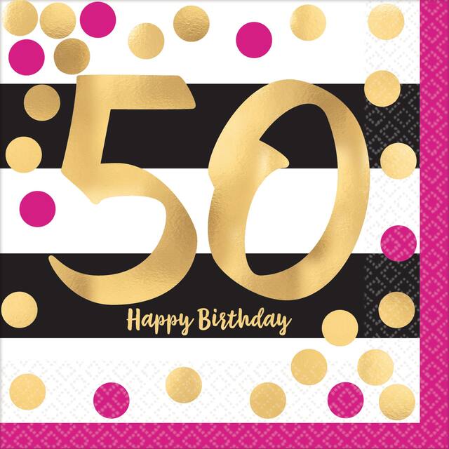 Milestone 50th Birthday Party Lunch Napkins, Metallic Pink/Gold, 16-pk Overhead_Flat