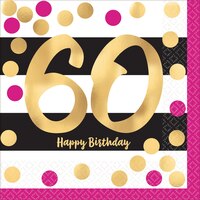 Milestone 60th Birthday Party Lunch Napkins, Metallic Pink/Gold, 16-pk Overhead_Flat