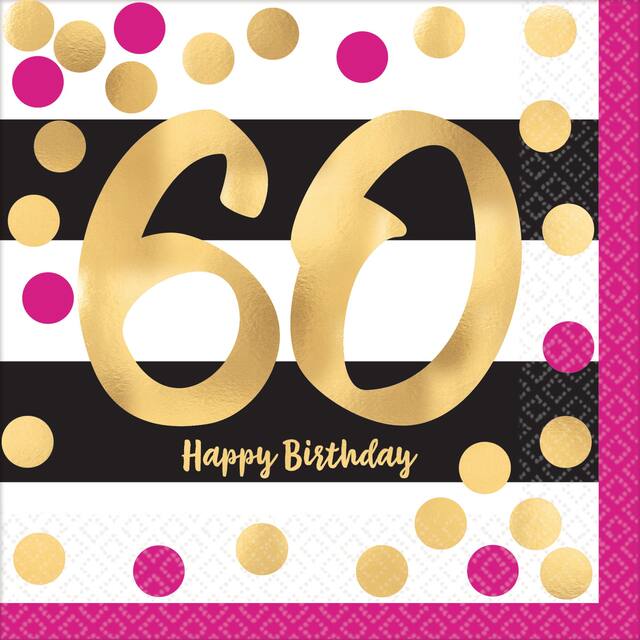 Milestone 60th Birthday Party Lunch Napkins, Metallic Pink/Gold, 16-pk Overhead_Flat