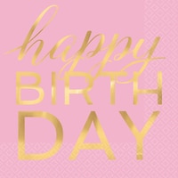 Birthday Party Lunch Napkins feature "Happy Birthday", Pink/Gold, 16-pk Overhead_Flat