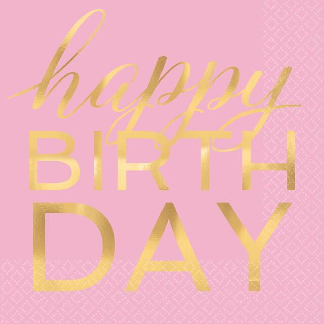 Birthday Party Lunch Napkins feature "Happy Birthday", Pink/Gold, 16-pk Overhead_Flat