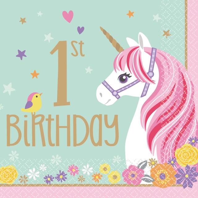Unicorn "1st Birthday" Square Paper Disposable Lunch Napkins, Blue, 6.5-in, 16-pk, 2-ply, for Birthday Party Overhead_Flat