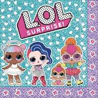 L.O.L. Surprise! Square Paper Disposable Lunch Napkins, Blue, 6.5-in, 16-pk, 2-ply, for Birthday Party Overhead_Flat