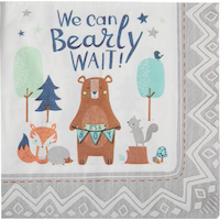 "We Can Bearly Wait" Square Paper Disposable Lunch Napkins, White/Brown, 6.5-in, 16-pk, 2-ply, for Baby Shower/Gender Reveal Overhead_Flat