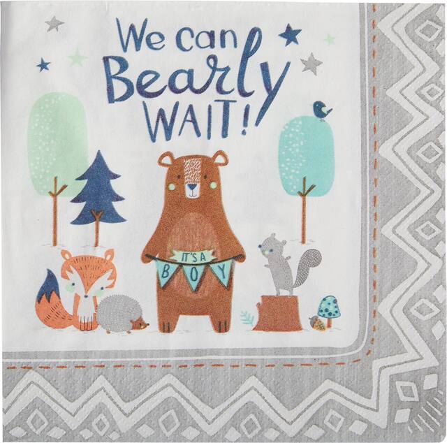 "We Can Bearly Wait" Square Paper Disposable Lunch Napkins, White/Brown, 6.5-in, 16-pk, 2-ply, for Baby Shower/Gender Reveal Overhead_Flat