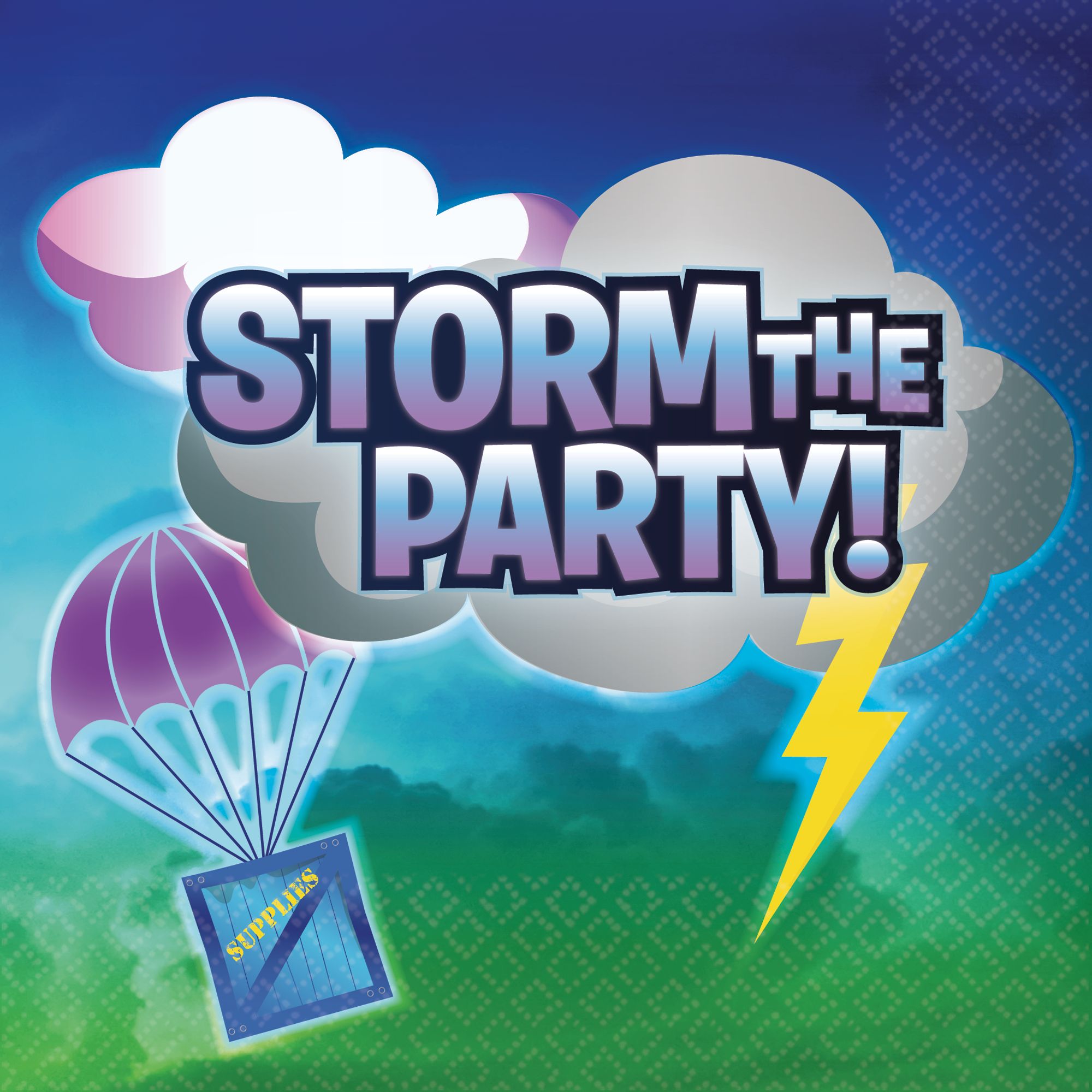 Battle Royal "Storm the Party!" Square Paper Disposable Lunch Napkins, Blue/Green, 6.5-in, 16-pk, 2-ply, for Birthday Party Front_Flat