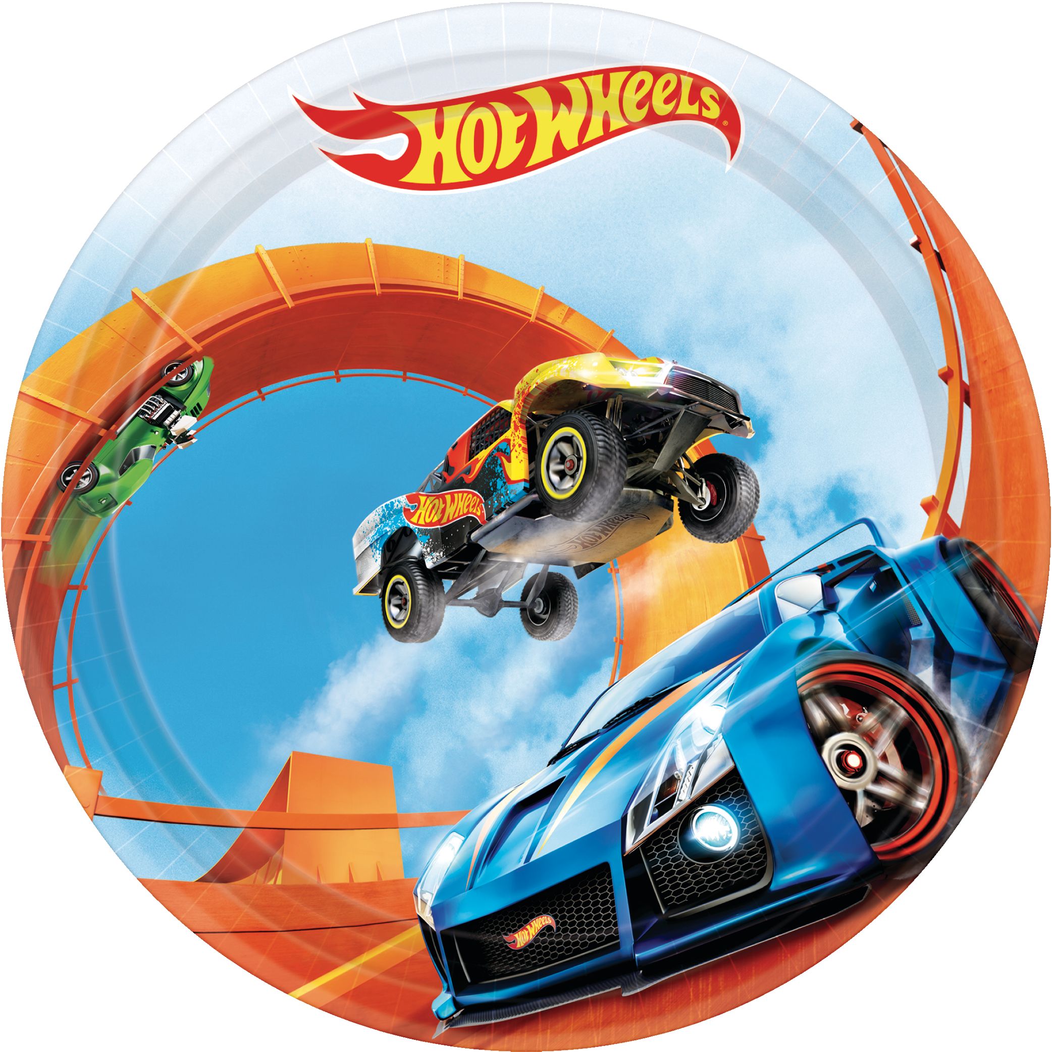 Hot Wheels Round Paper Disposable Dessert Plates, Blue/Orange, 7-in, 8-pk, for Birthday Party Overhead_Flat