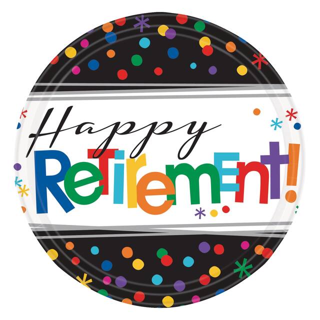 "Happy Retirement" Round Paper Disposable Dessert Plates, Black/Multi-Coloured, Polka Dot, 7-in, 8-pk, for Retirement Party Overhead_Flat
