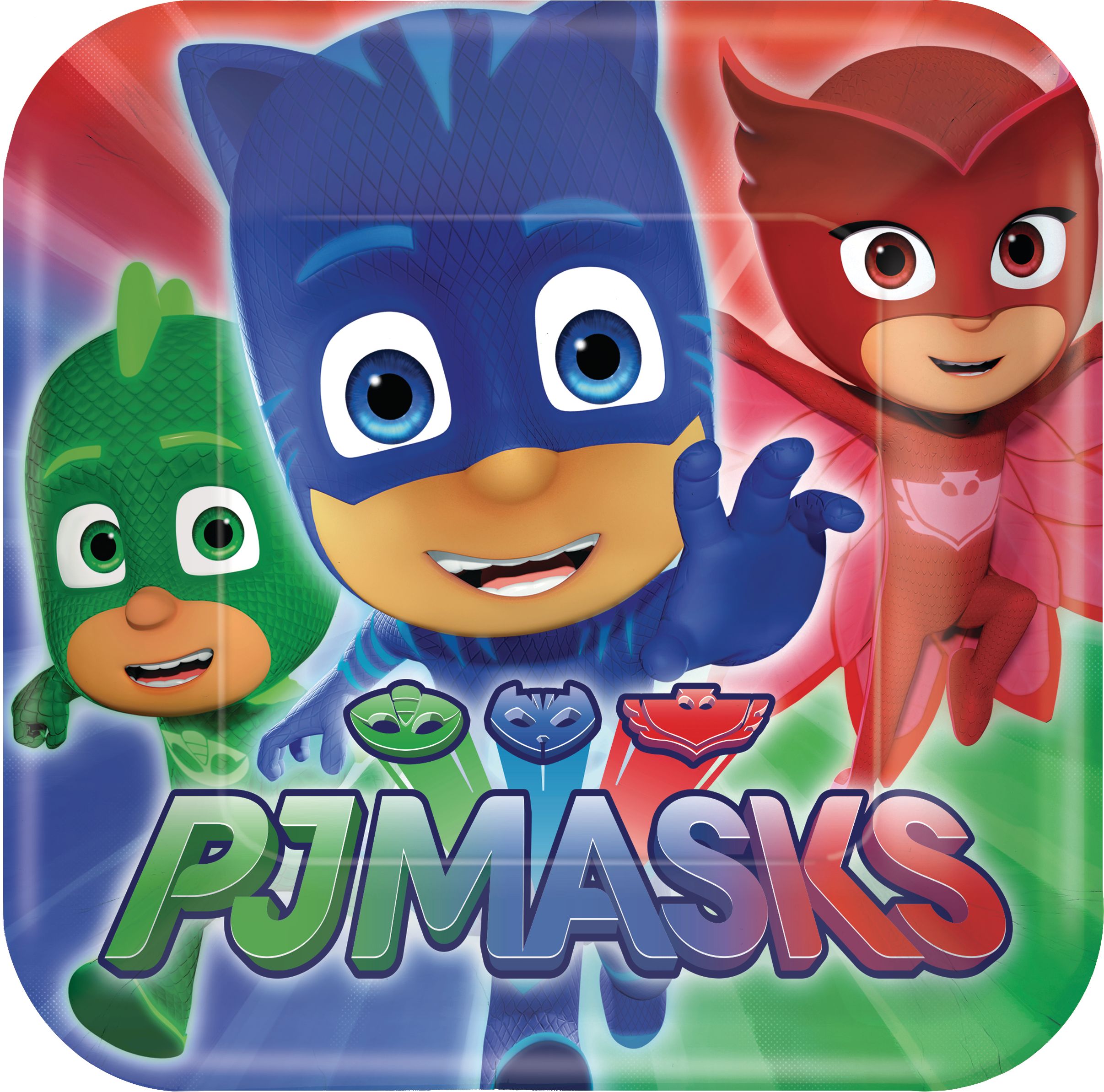 PJ Masks Catboy/Owlette/Gekko Square Paper Disposable Dessert Plates, Green/Blue/Red, 7-in, 8-pk, for Birthday Party Overhead_Flat