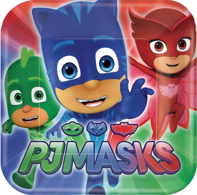 PJ Masks Catboy/Owlette/Gekko Square Paper Disposable Dessert Plates, Green/Blue/Red, 7-in, 8-pk, for Birthday Party Overhead_Flat