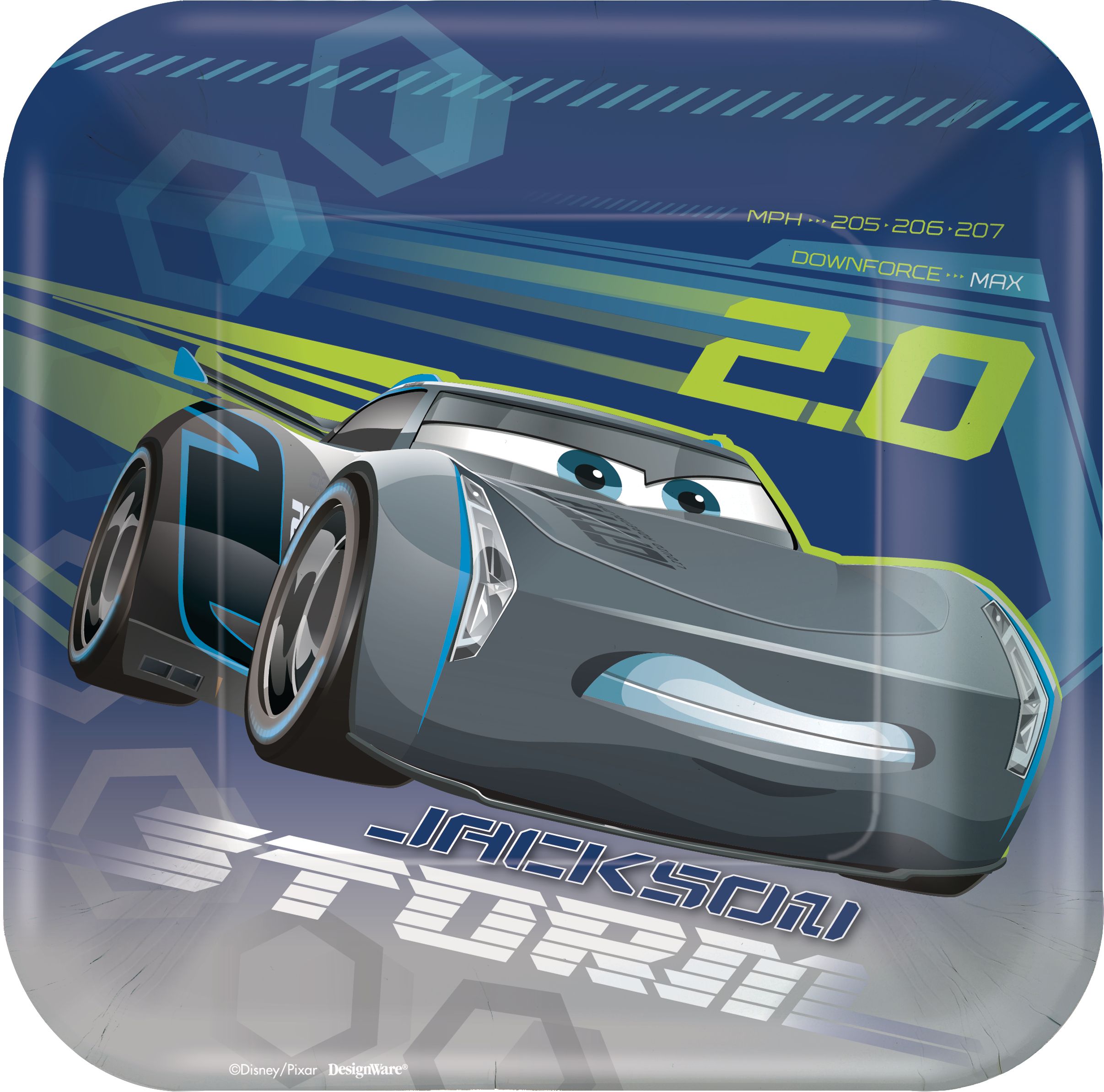 Disney Cars 3 Birthday Party Square Dessert Plates, 7-in, 8-pk Overhead_Flat