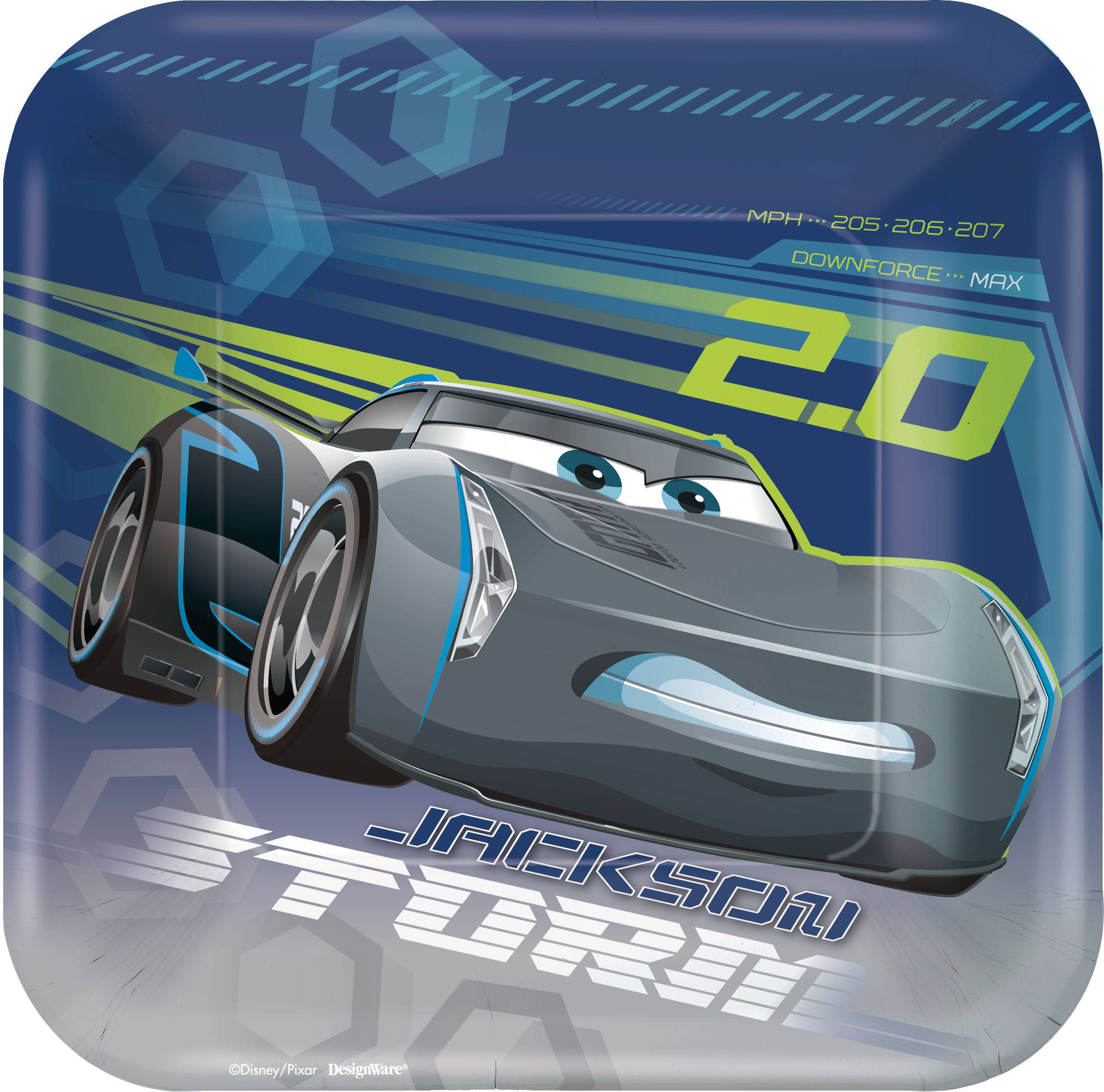 Disney Cars 3 Birthday Party Square Dessert Plates, 7-in, 8-pk Overhead_Flat