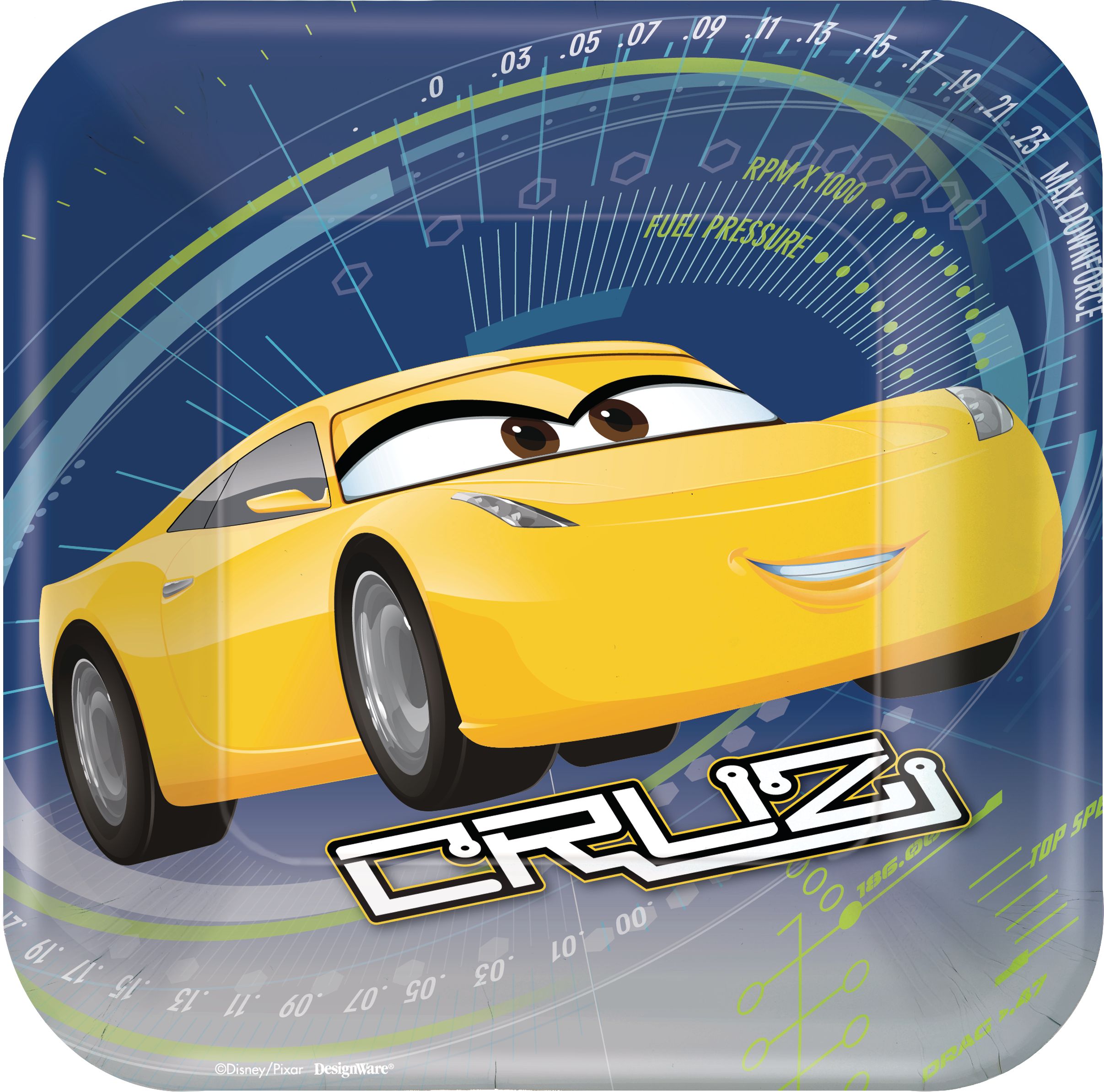 Disney Cars 3 Birthday Party Square Dessert Plates, 7-in, 8-pk Overhead_Flat