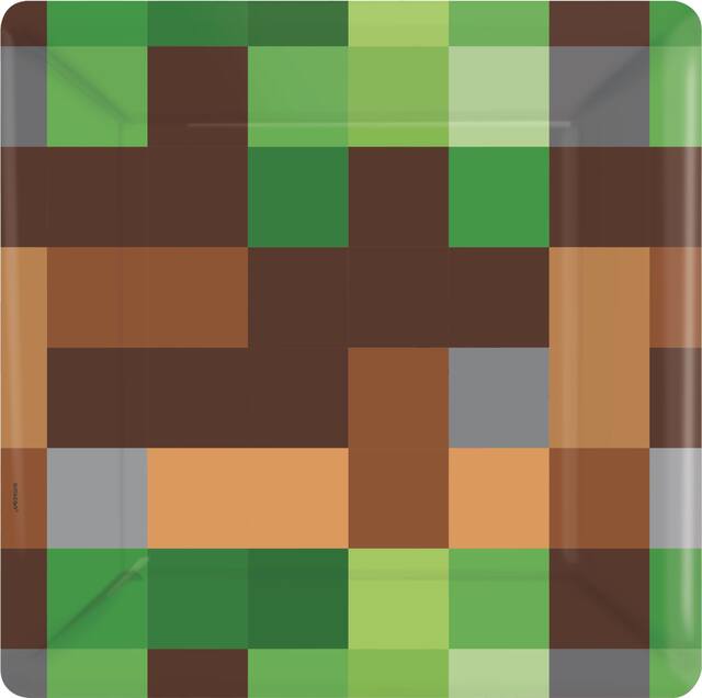 Pixel Party Square Paper Disposable Dessert Plates, Brown/Green, Pixelated, 7-in, 8-pk, for Birthday Party Overhead_Flat