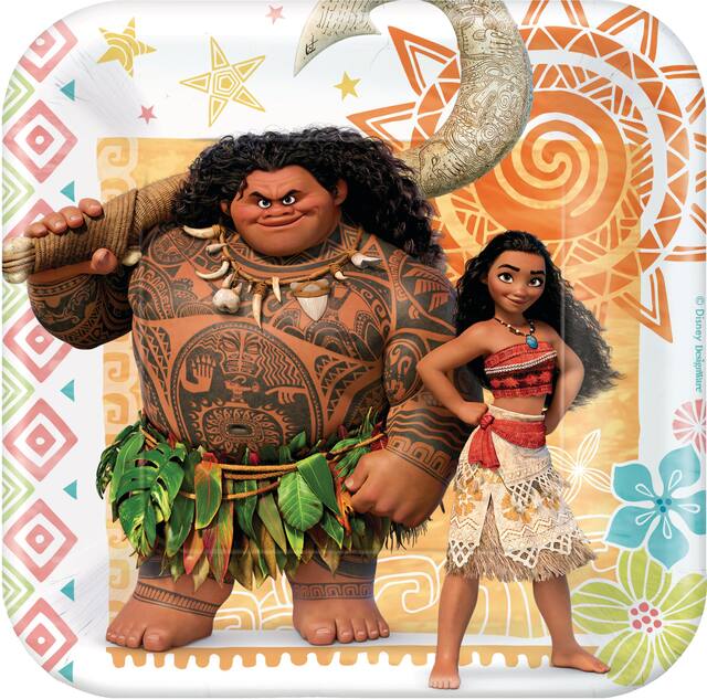 Disney Moana Square Paper Disposable Dessert Plates, White/Orange, 7-in, 8-pk, for Birthday Party Overhead_Flat