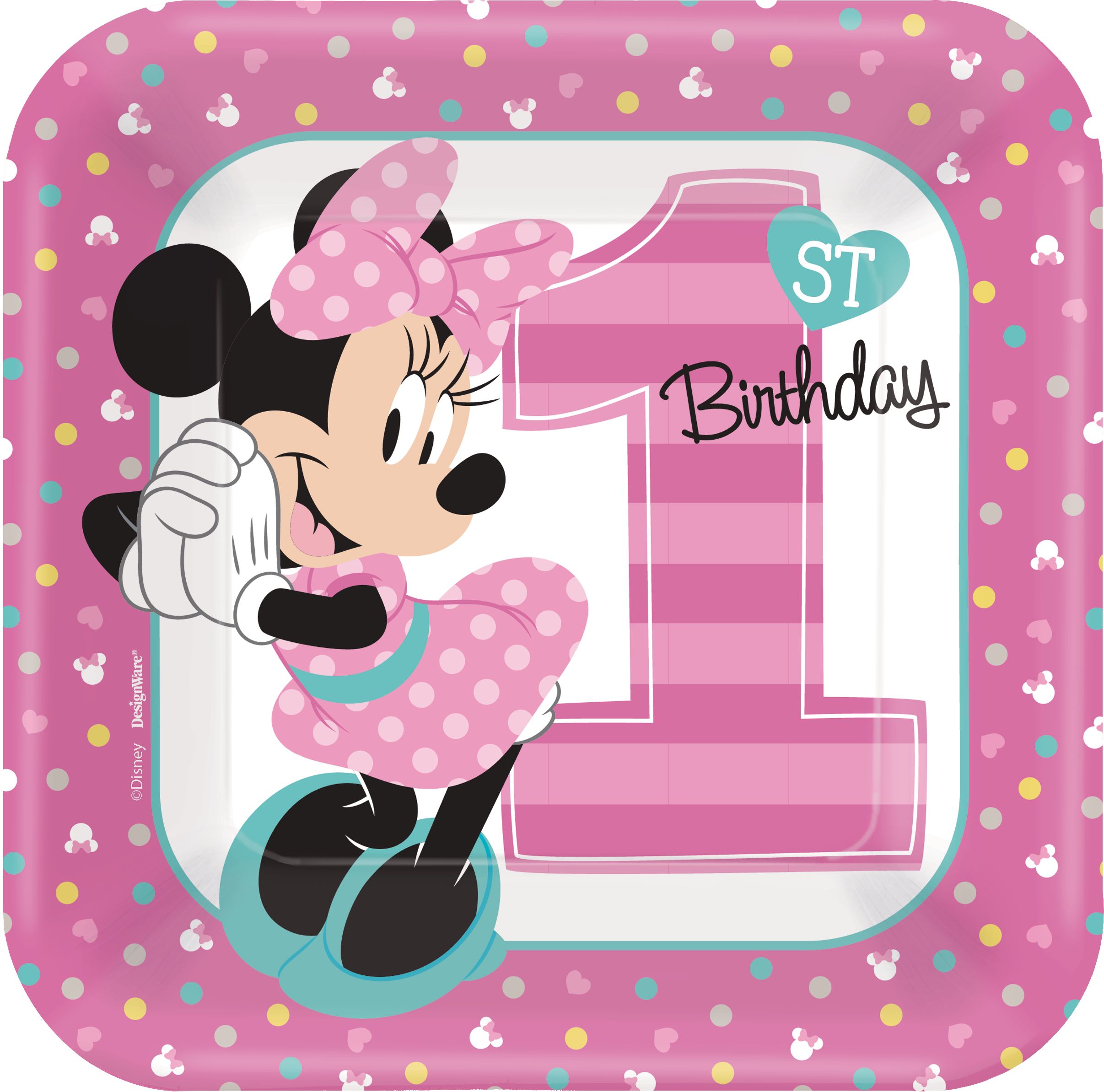 Assiettes à dessert pour fête de 1er anniversaire, Disney Minnie Mouse, carré, petit, 7 po, paq. 8 Overhead_Flat