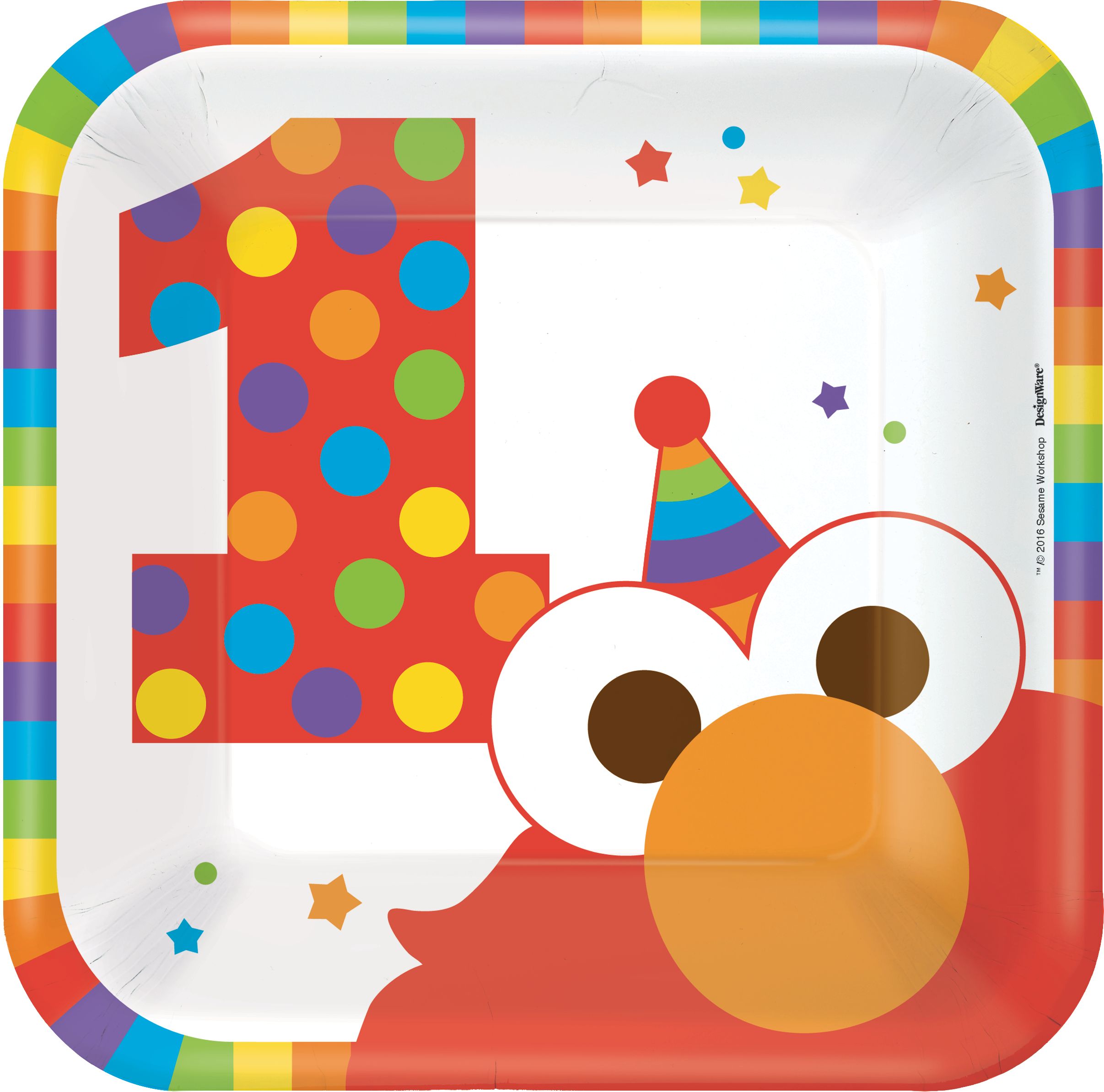 Sesame Street Elmo 1st Birthday Party Square Dessert  Plates, 8-pk Overhead_Flat