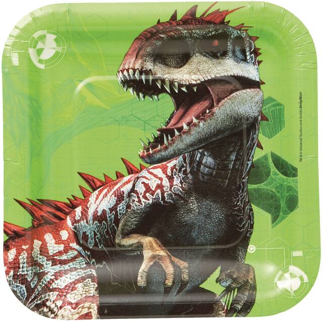 Jurassic World Dinosaur Square Paper Disposable Dessert Plates, Green, 7-in, 8-pk, for Birthday Party Overhead_Flat