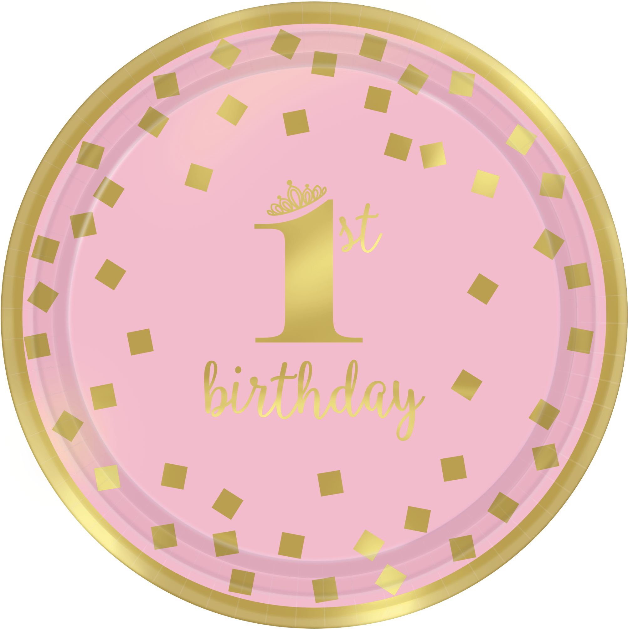 "1st Birthday" Round Paper Disposable Dessert Plates, Pink/Gold, 7-in, 8-pk, for Birthday Party Overhead_Flat