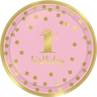 "1st Birthday" Round Paper Disposable Dessert Plates, Pink/Gold, 7-in, 8-pk, for Birthday Party Overhead_Flat