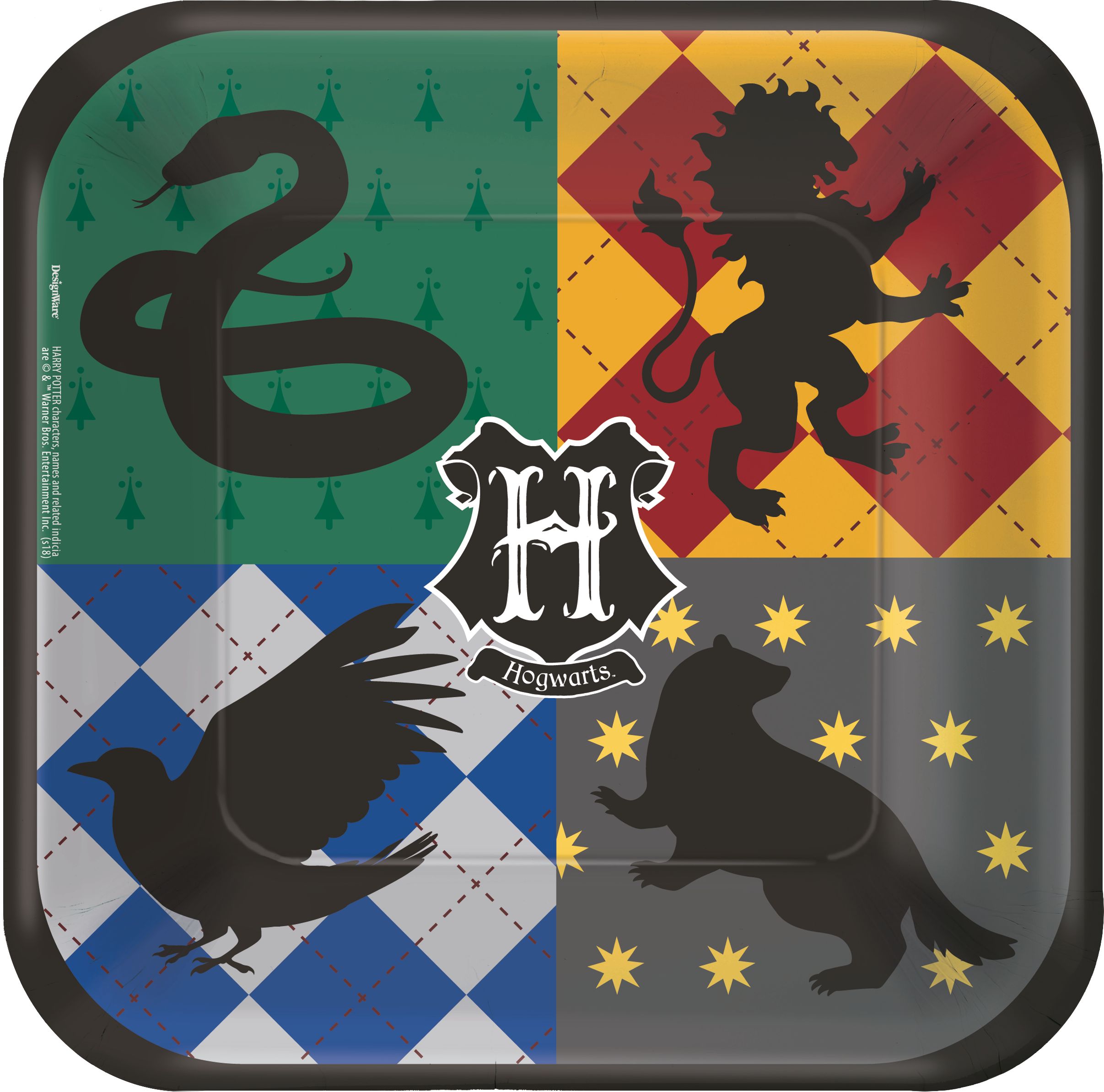 Harry Potter Square Paper Disposable Dessert Plates, Green/Red/Blue/Grey, 7-in, 8-pk, for Birthday Party Overhead_Flat