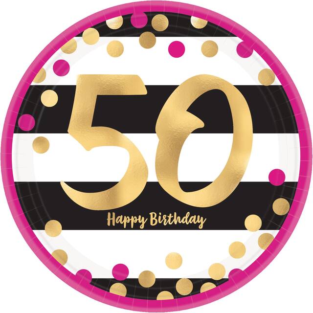 Metallic Pink & Gold 50th Birthday Dessert Plates, 8-pk Overhead_Flat