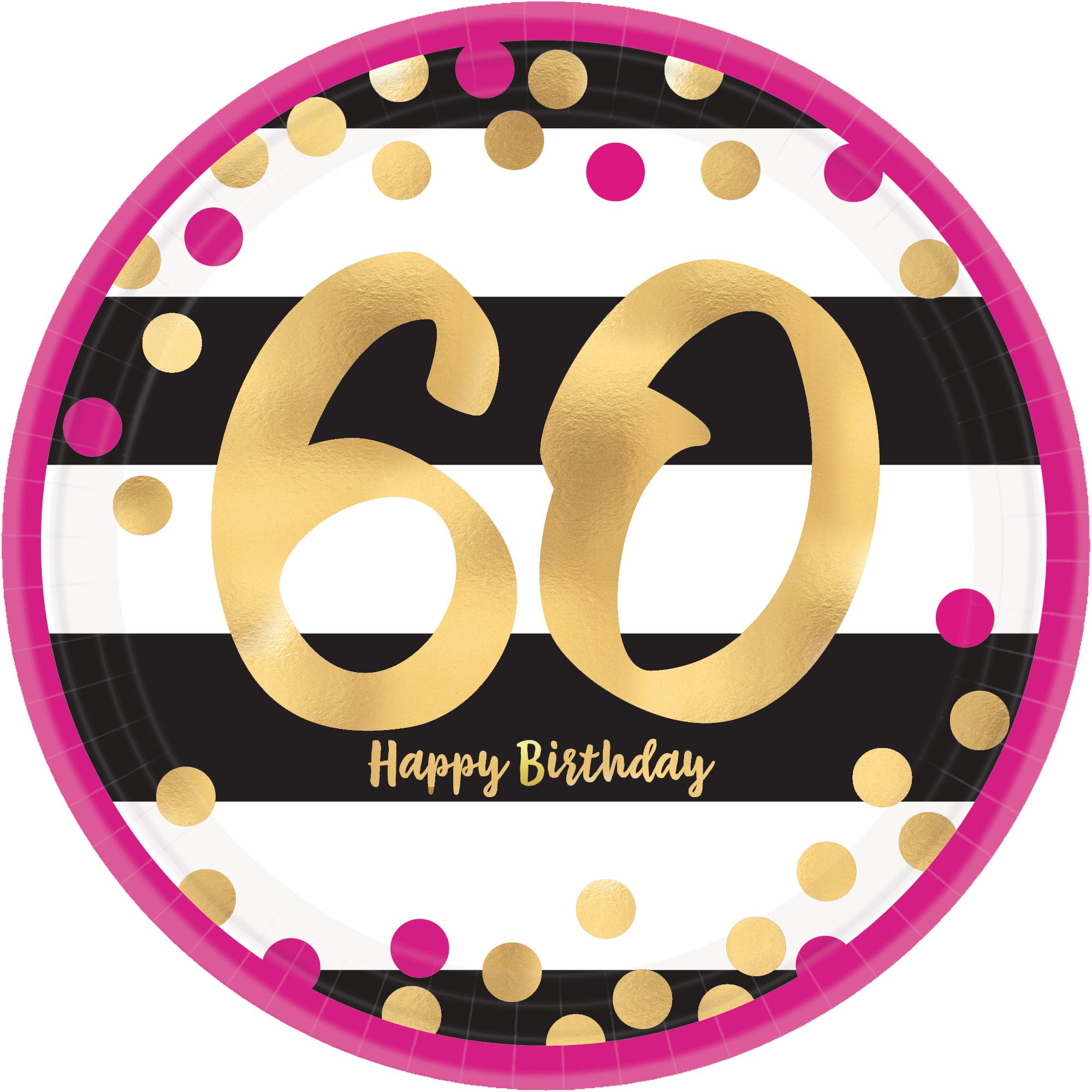 Metallic Pink & Gold 60th Birthday Dessert Plates, 8-pk Overhead_Flat