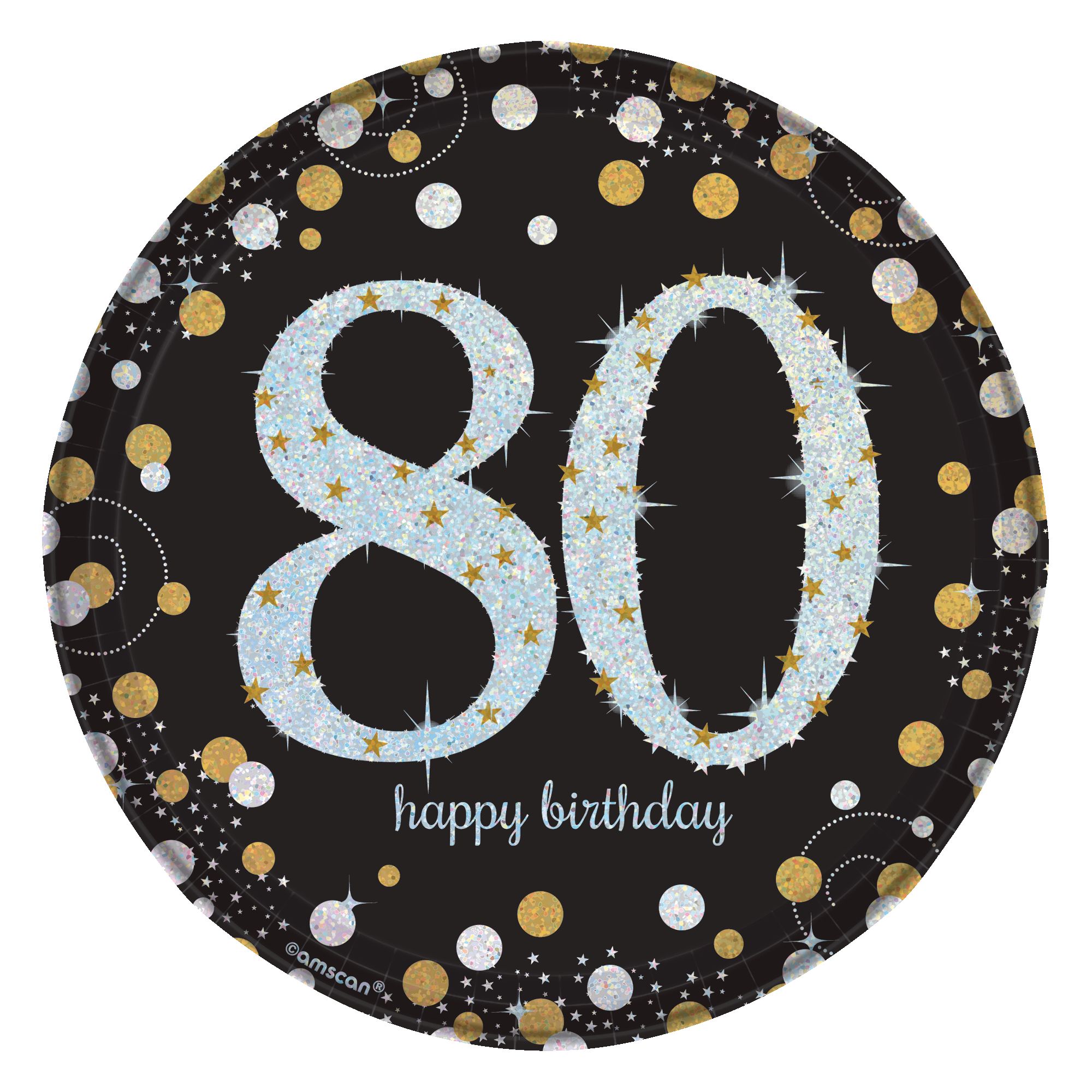 Sparkling Celebration "Happy Birthday 80" Round Paper Disposable Dessert Plates, Black/Gold/Silver, 7-in, 8-pk, for Milestone Birthday Overhead_Flat