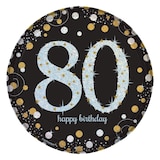Sparkling Celebration "Happy Birthday 80" Round Paper Disposable Dessert Plates, Black/Gold/Silver, 7-in, 8-pk, for Milestone Birthday Overhead_Flat
