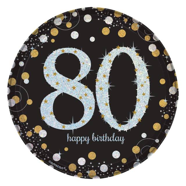 Sparkling Celebration "Happy Birthday 80" Round Paper Disposable Dessert Plates, Black/Gold/Silver, 7-in, 8-pk, for Milestone Birthday Overhead_Flat