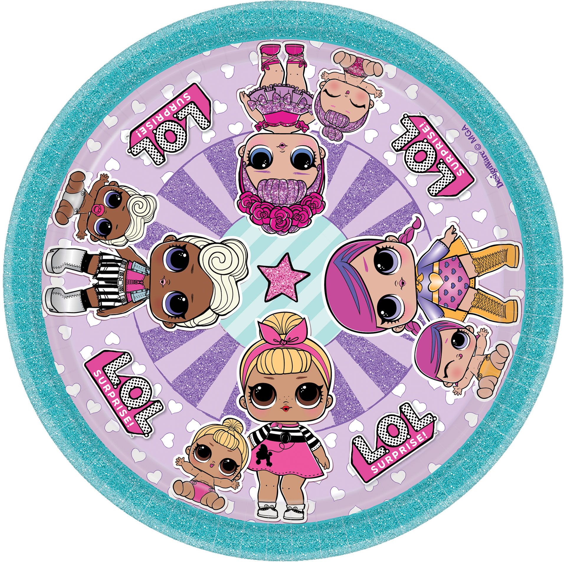 L.O.L. Surprise! Round Paper Disposable Dessert Plates, Purple/Blue, 7-in, 8-pk, for Birthday Party Overhead_Flat
