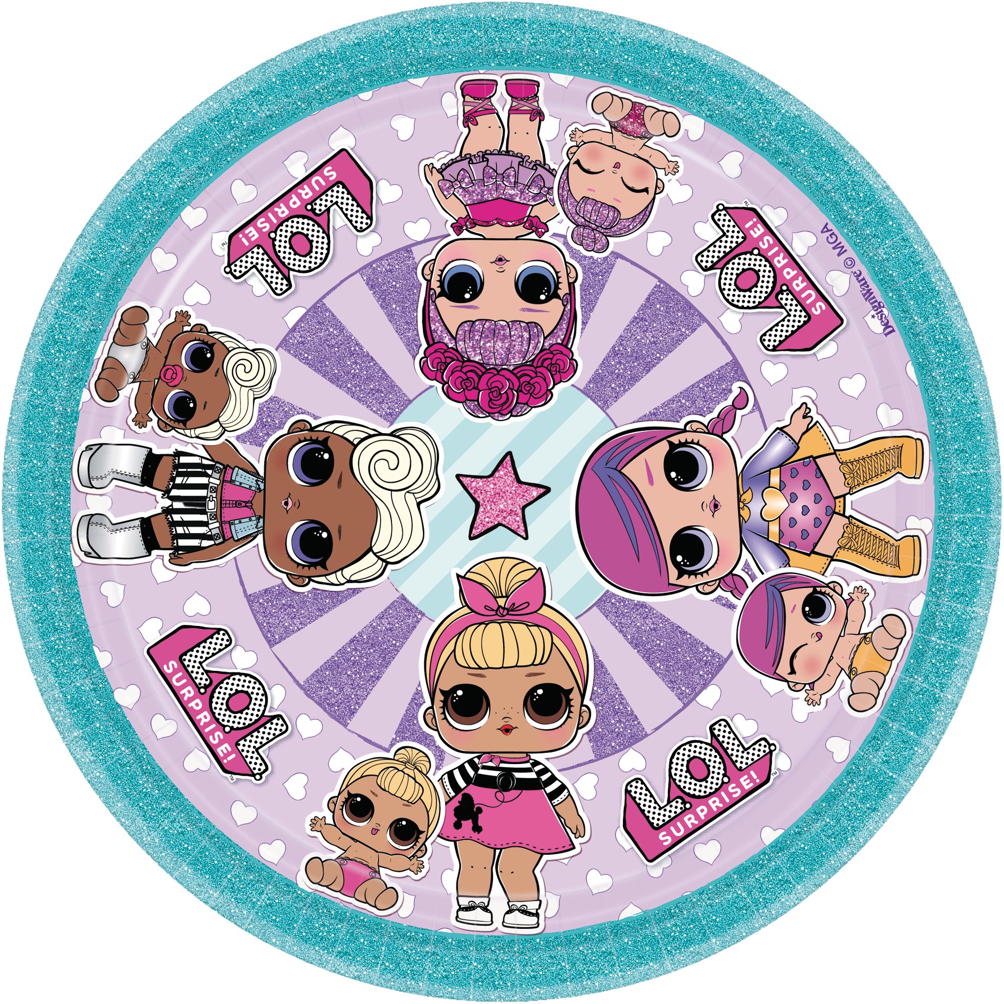 L.O.L. Surprise! Round Paper Disposable Dessert Plates, Purple/Blue, 7-in, 8-pk, for Birthday Party Overhead_Flat