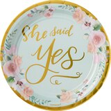 Mint to Be "She said Yes" Round Paper Disposable Dessert Plates, Mint/Gold, Floral, 7-in, 8-pk, for Wedding/Bachelorrette/Engagement/Bridal Shower Overhead_Flat