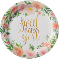 Floral Baby "Sweet Baby Girl" Round Paper Disposable Dessert Plates, White/Pink/Green, Floral, 7-in, 8-pk, for Baby Shower Overhead_Flat