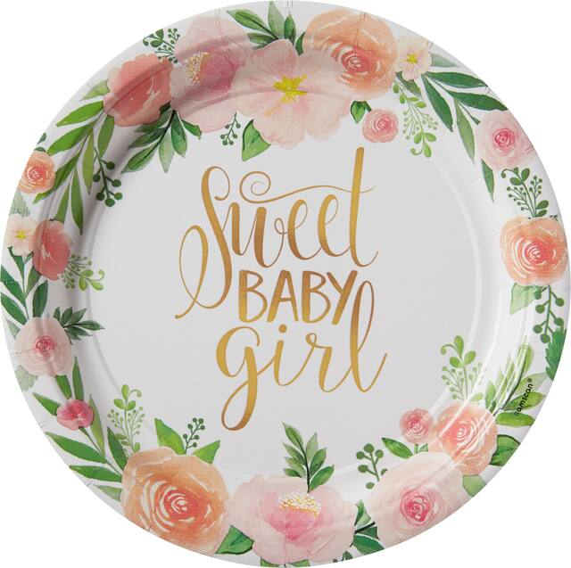 Floral Baby "Sweet Baby Girl" Round Paper Disposable Dessert Plates, White/Pink/Green, Floral, 7-in, 8-pk, for Baby Shower Overhead_Flat