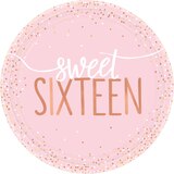 "Sweet Sixteen" Round Paper Disposable Dessert Plates, Pink, Polka Dot, 7-in, 8-pk, for Birthday Party Overhead_Flat