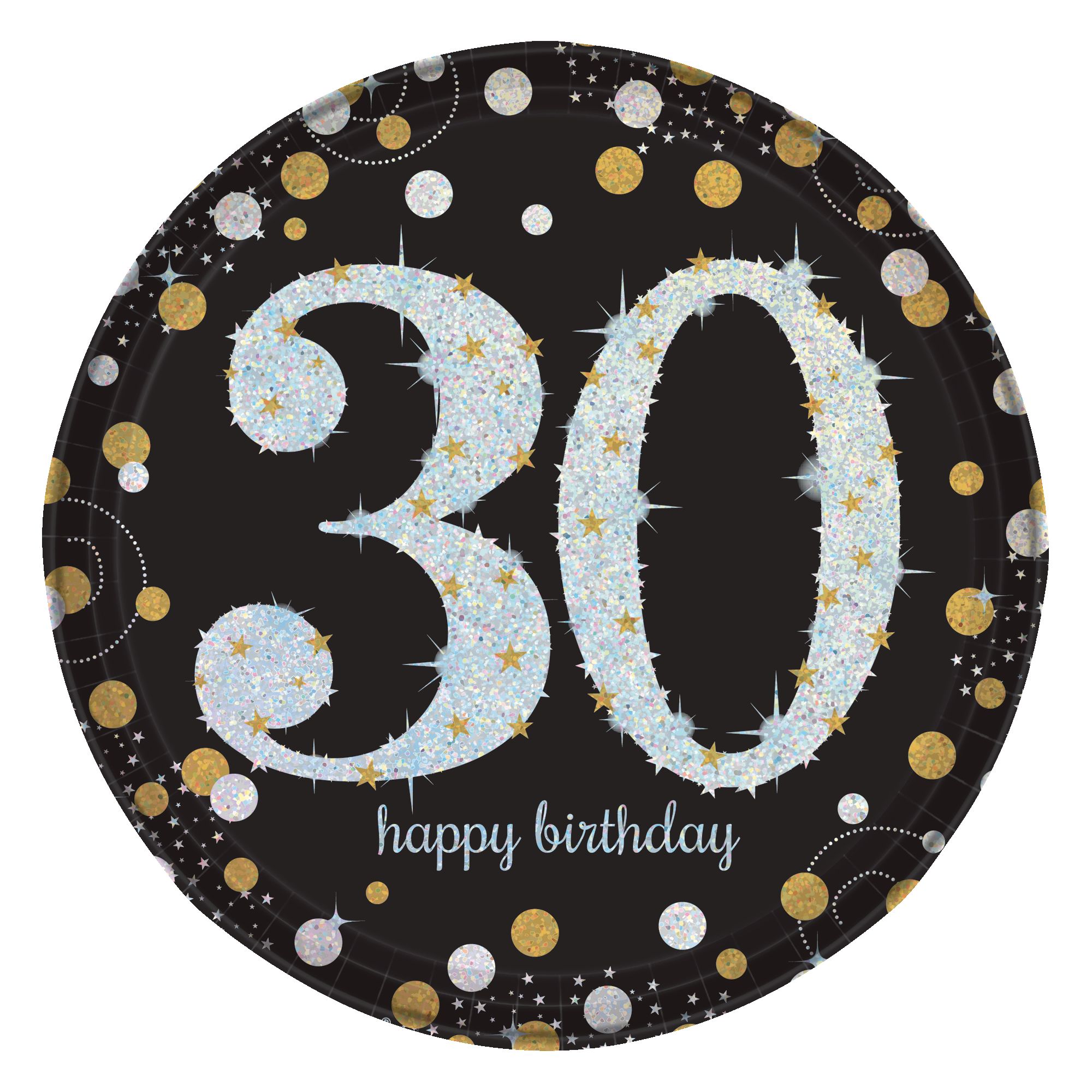 Sparkling Celebration "Happy Birthday 30" Round Paper Disposable Lunch Plates, Black/Gold/Silver, 9-in, 8-pk, for Milestine Birthday Overhead_Flat