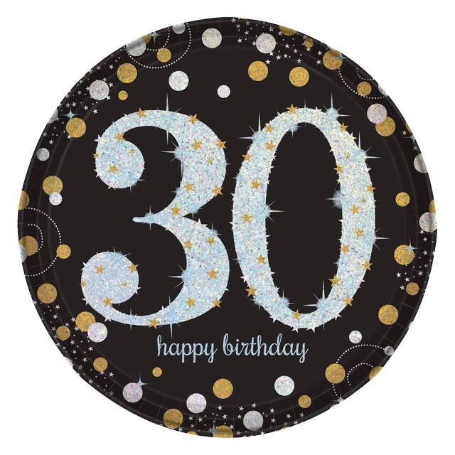 Sparkling Celebration "Happy Birthday 30" Round Paper Disposable Lunch Plates, Black/Gold/Silver, 9-in, 8-pk, for Milestine Birthday Overhead_Flat