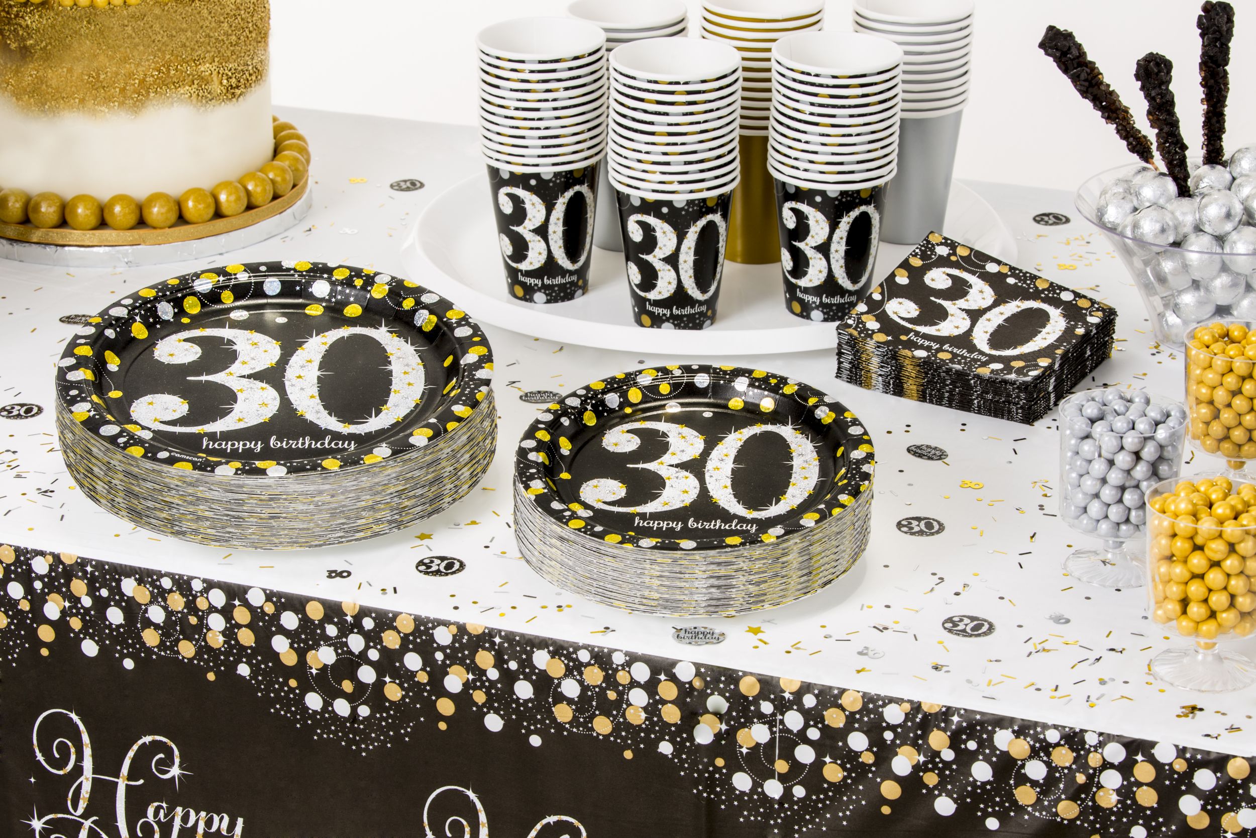 Sparkling Celebration "Happy Birthday 30" Round Paper Disposable Lunch Plates, Black/Gold/Silver, 9-in, 8-pk, for Milestine Birthday Composite_or_Mixed