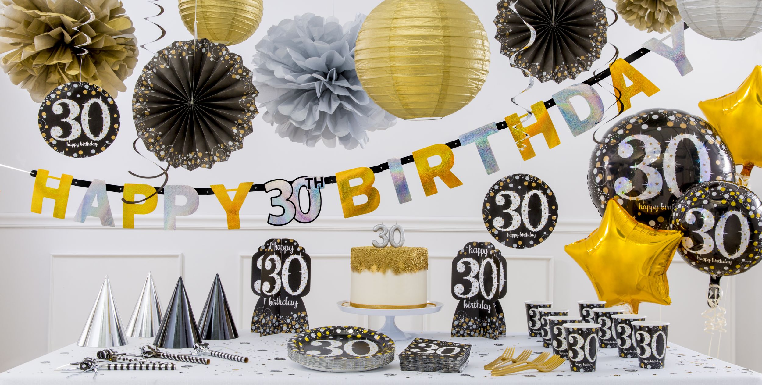 Sparkling Celebration "Happy Birthday 30" Round Paper Disposable Lunch Plates, Black/Gold/Silver, 9-in, 8-pk, for Milestine Birthday Composite_or_Mixed