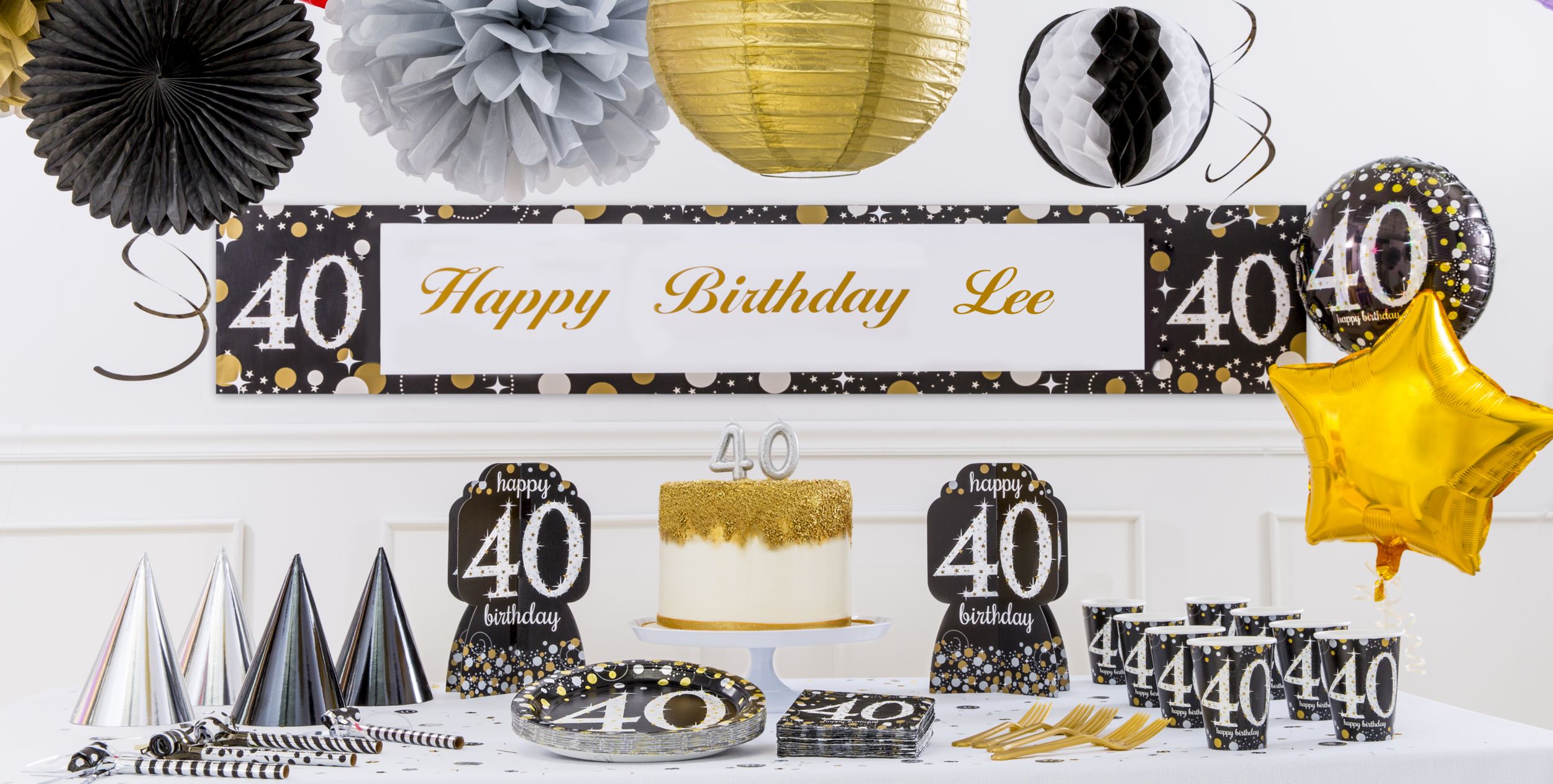 Sparkling Celebration "Happy Birthday 40" Round Paper Disposable Lunch Plates, Black/Gold/Silver, 9-in, 8-pk, for Milestine Birthday Composite_or_Mixed