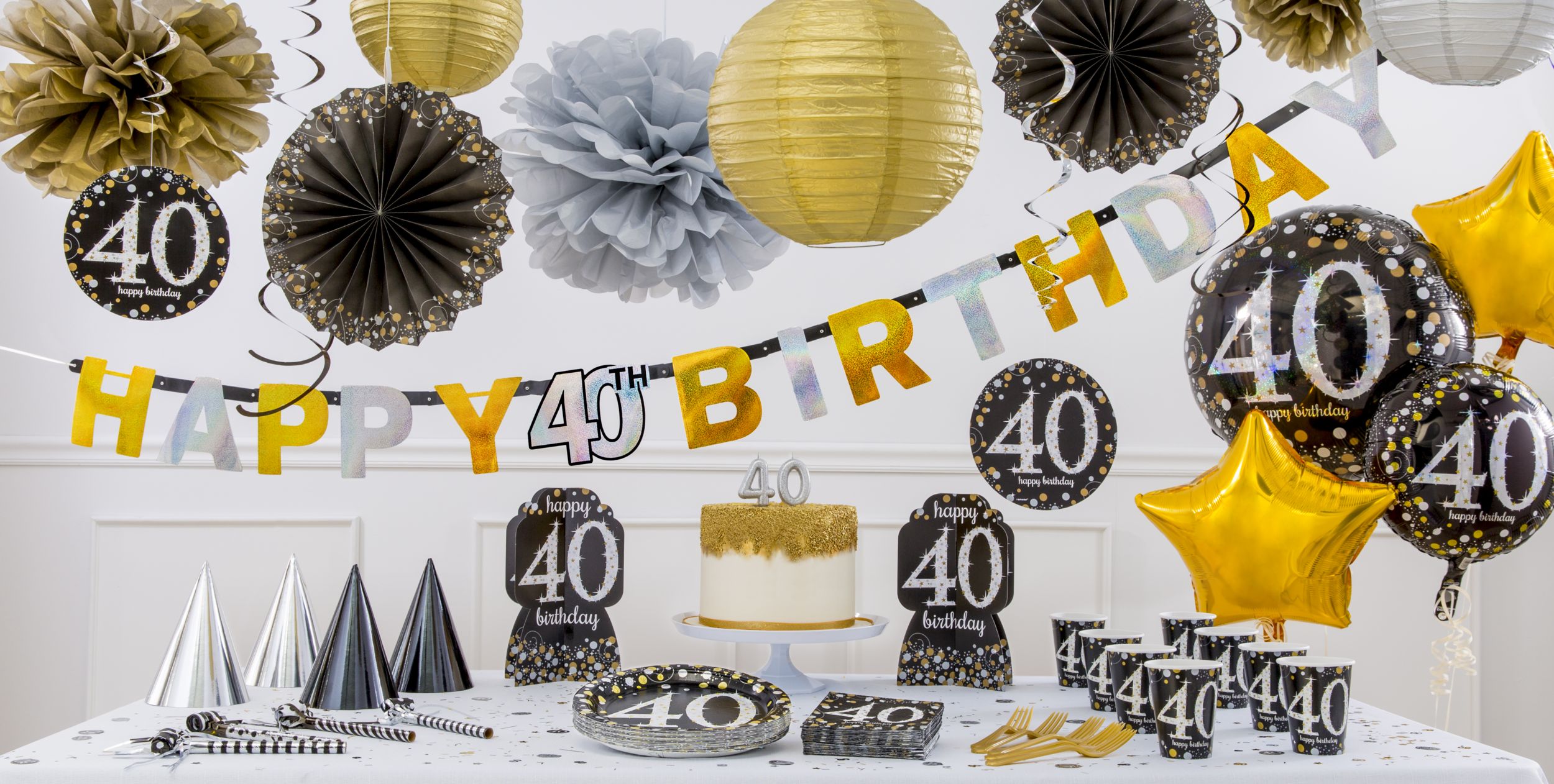 Sparkling Celebration "Happy Birthday 40" Round Paper Disposable Lunch Plates, Black/Gold/Silver, 9-in, 8-pk, for Milestine Birthday Composite_or_Mixed