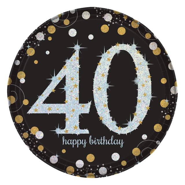 Sparkling Celebration "Happy Birthday 40" Round Paper Disposable Lunch Plates, Black/Gold/Silver, 9-in, 8-pk, for Milestine Birthday Overhead_Flat