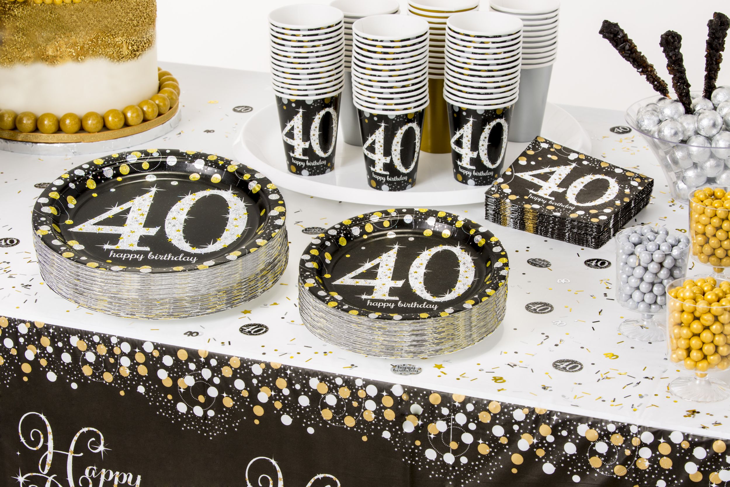 Sparkling Celebration "Happy Birthday 40" Round Paper Disposable Lunch Plates, Black/Gold/Silver, 9-in, 8-pk, for Milestine Birthday Composite_or_Mixed