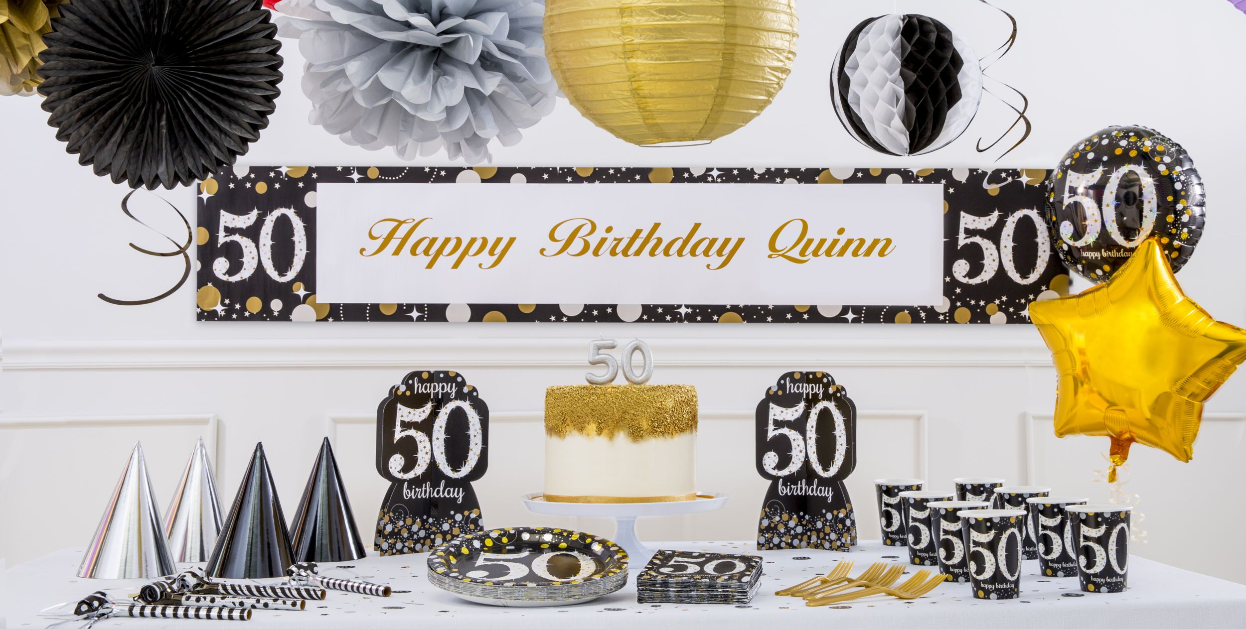 Sparkling Celebration "Happy Birthday 50" Round Paper Disposable Lunch Plates, Black/Gold/Silver, 9-in, 8-pk, for Milestine Birthday Composite_or_Mixed