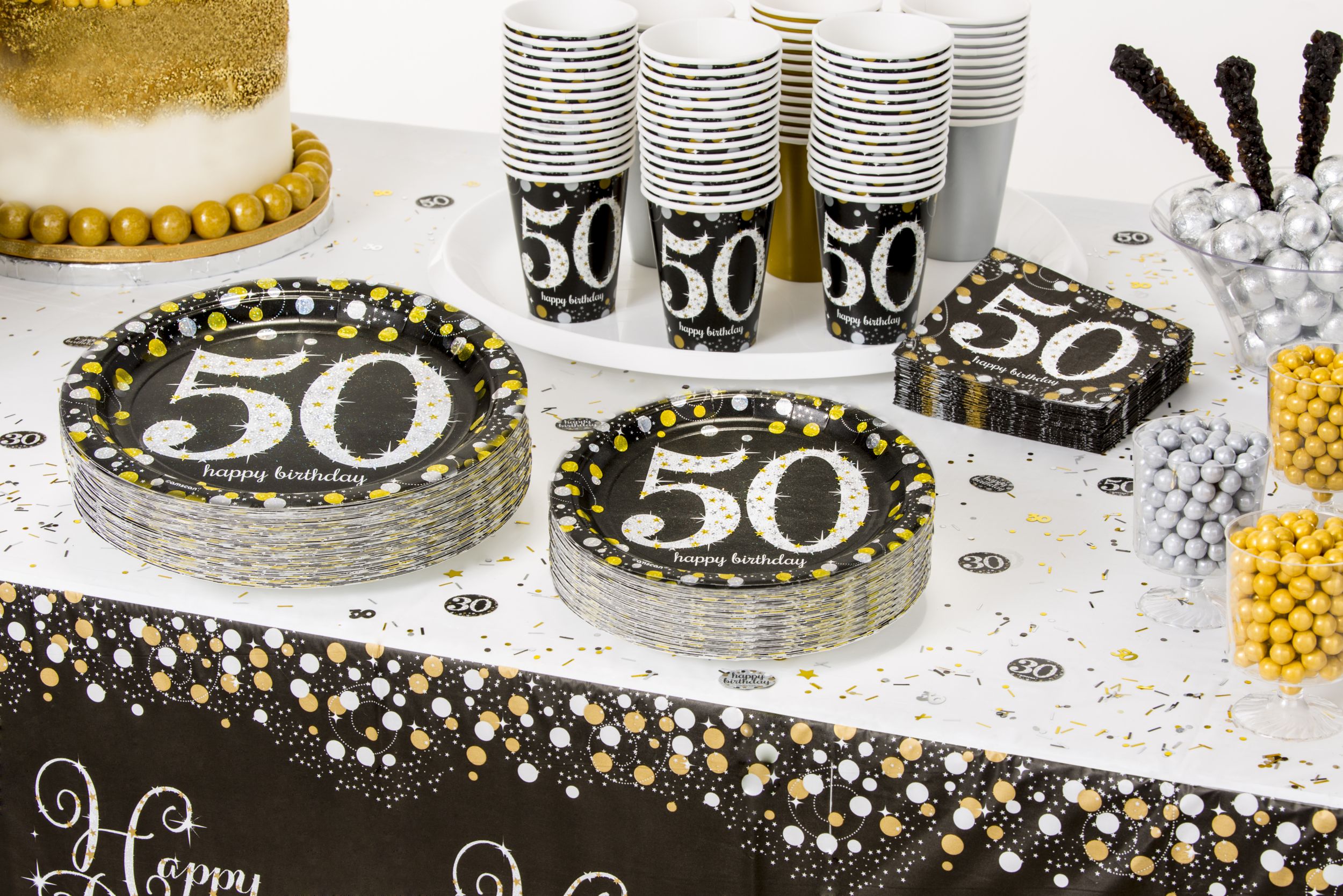 Sparkling Celebration "Happy Birthday 50" Round Paper Disposable Lunch Plates, Black/Gold/Silver, 9-in, 8-pk, for Milestine Birthday Composite_or_Mixed
