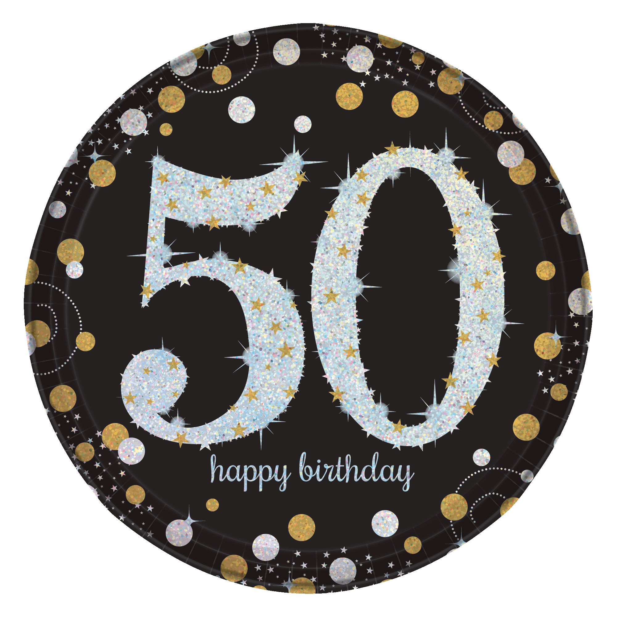 Sparkling Celebration "Happy Birthday 50" Round Paper Disposable Lunch Plates, Black/Gold/Silver, 9-in, 8-pk, for Milestine Birthday Overhead_Flat