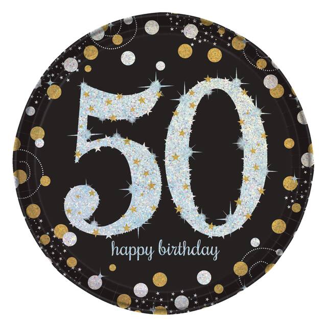 Sparkling Celebration "Happy Birthday 50" Round Paper Disposable Lunch Plates, Black/Gold/Silver, 9-in, 8-pk, for Milestine Birthday Overhead_Flat